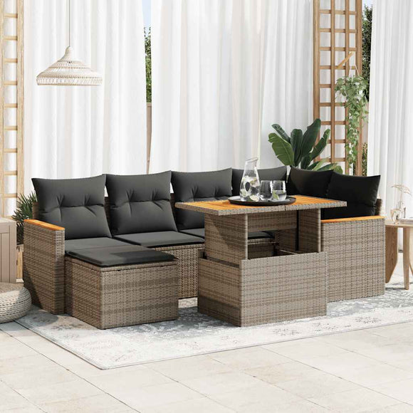 NNEVL 7 Piece Garden Sofa Set with Cushions Grey Poly Rattan Acacia