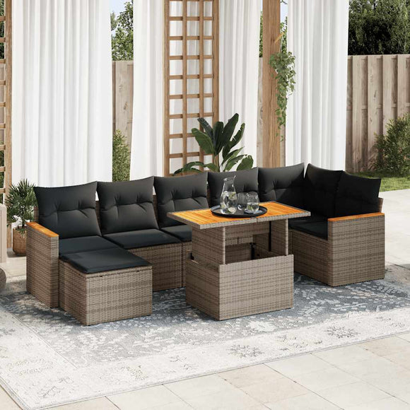 NNEVL 8 Piece Garden Sofa Set with Cushions Grey Poly Rattan Acacia