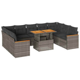NNEVL 10 Piece Garden Sofa Set with Cushions Grey Poly Rattan Acacia