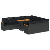 NNEVL 11 Piece Garden Sofa Set with Cushions Black Poly Rattan Acacia