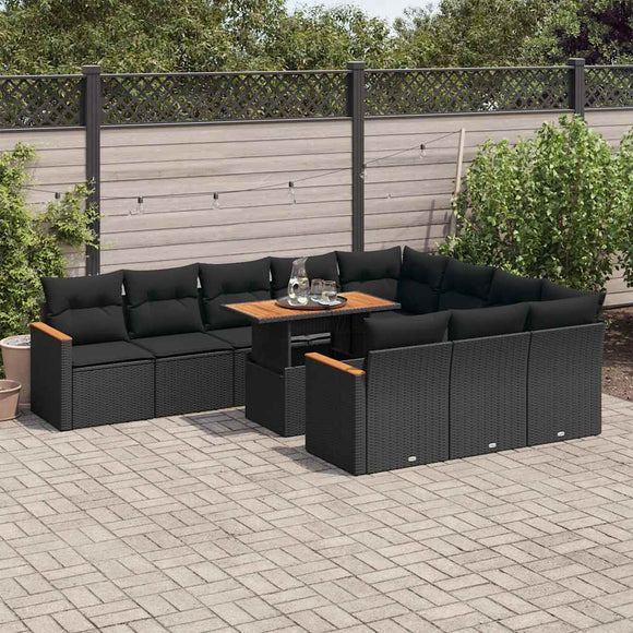 NNEVL 11 Piece Garden Sofa Set with Cushions Black Poly Rattan Acacia