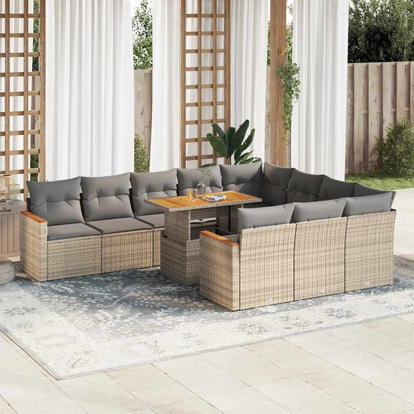 NNEVL 11 Piece Garden Sofa Set with Cushions Beige Poly Rattan Acacia