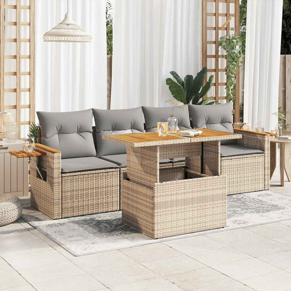 NNEVL 5 Piece Garden Sofa Set with Cushions Beige Poly Rattan Acacia