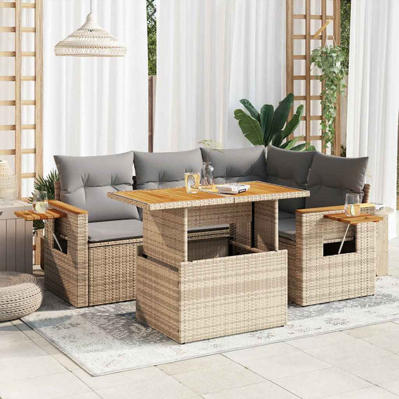NNEVL 4 Piece Garden Sofa Set with Cushions Beige Poly Rattan Acacia