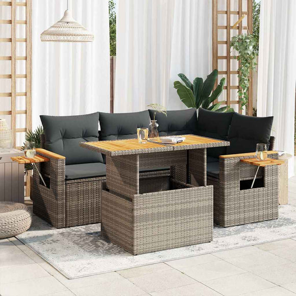 NNEVL 4 Piece Garden Sofa Set with Cushions Grey Poly Rattan Acacia