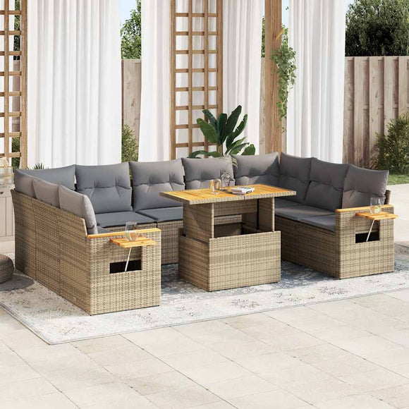 NNEVL 10 Piece Garden Sofa Set with Cushions Beige Poly Rattan Acacia