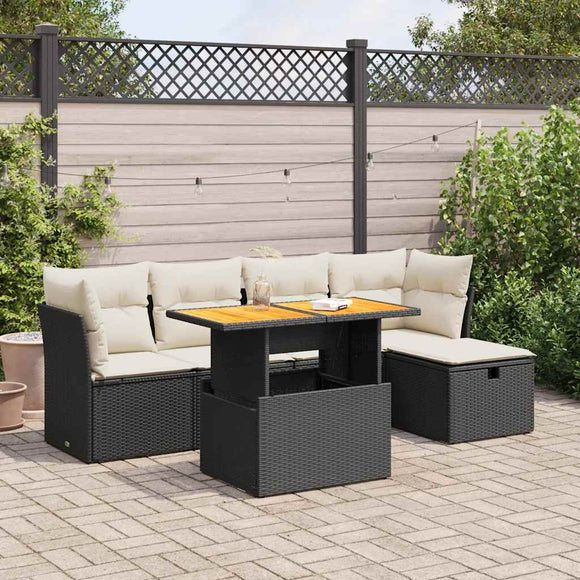 NNEVL 6 Piece Garden Sofa Set with Cushions Black Poly Rattan Acacia