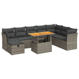 NNEVL 9 Piece Garden Sofa Set with Cushions Grey Poly Rattan Acacia