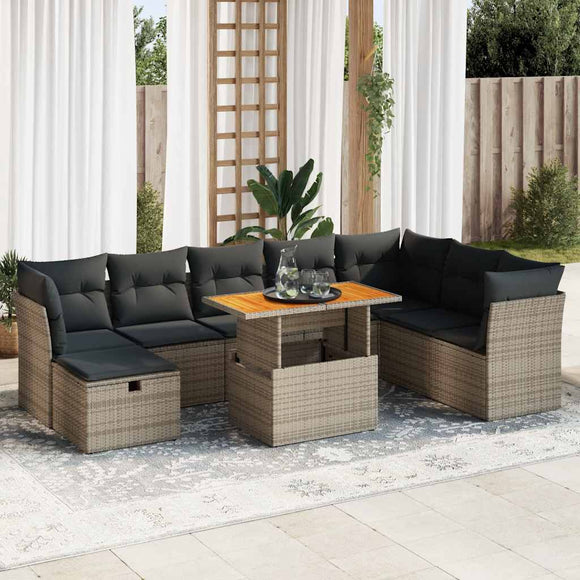 NNEVL 9 Piece Garden Sofa Set with Cushions Grey Poly Rattan Acacia
