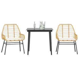 NNEVL 3 Piece Garden Dining Set with Cushions Brown Poly Rattan Glass
