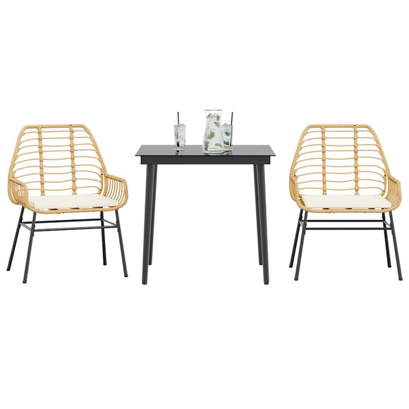 NNEVL 3 Piece Garden Dining Set with Cushions Brown Poly Rattan Glass