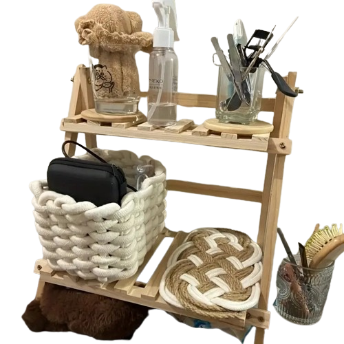 NNETM Organize in style with this sturdy wooden double-layer trapezoidal storage rack