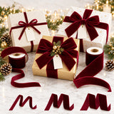 3-Roll Burgundy Velvet Ribbon Set Soft Flocked Velvet Trim