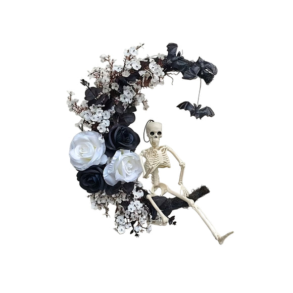 NNETM Halloween Moon Black Wreath Skull Bones Bats Roses