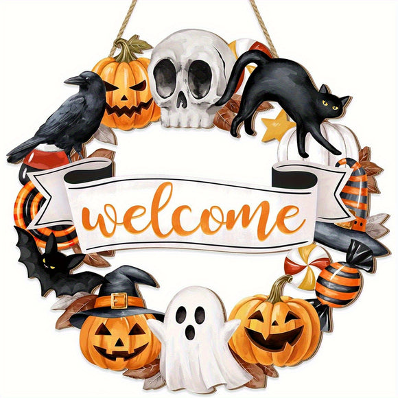 NNETM Halloween Wooden Wreath Black Cat Pumpkin Skull Sign