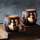A Pair of Dancing Skeleton Couple Candlesticks for The Day of The Dead, Featuring Two Glass Halloween Party Decorations with Sugar Skulls And Floral Designs. Ideal for Haunted House Themes, Studios, Weddings, Christmas, Easter, Thanksgiving