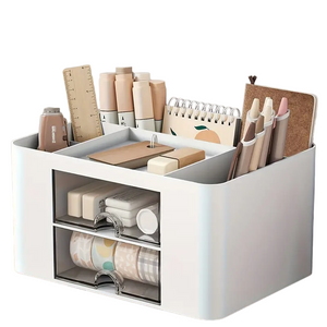 NNETM White Pen Organizer with 2 Drawers - Multi-Functional Desk and Office Supplies Holder- White