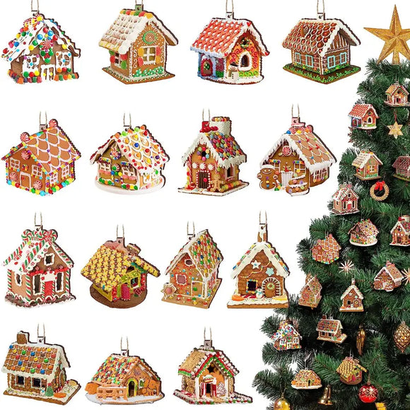 NNETM Wooden Christmas Ornaments: 15pcs Colorful Gingerbread Candy House Theme Festive Holiday