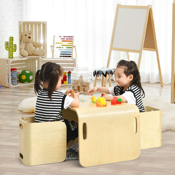 NNECW Kids Table and Chair Set with Storage Shelves-Natural