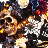 NNETM Eerie Illuminations: Skull Wreath with Spider Web and LEDs