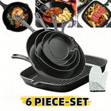 6PCS Cast Iron Skillet Set with Oven Mitt