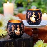 A Pair of Dancing Skeleton Couple Candlesticks for The Day of The Dead, Featuring Two Glass Halloween Party Decorations with Sugar Skulls And Floral Designs. Ideal for Haunted House Themes, Studios, Weddings, Christmas, Easter, Thanksgiving