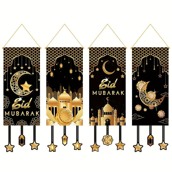 NNETM 4pcs Black Golden Moon Islamic Hanging Flags