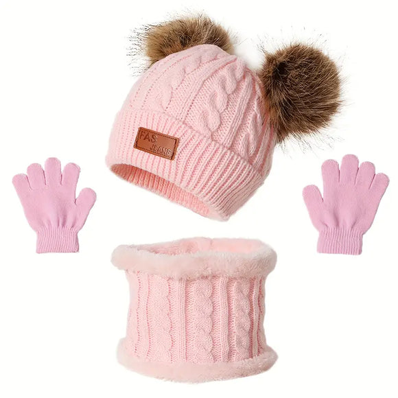 NNETM Cozy Kids' Winter Knitted Hat, Scarf, and Glove Set - Pink