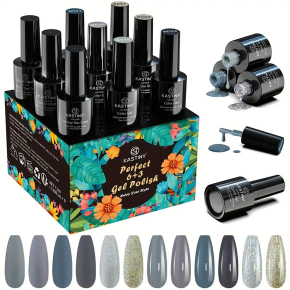 NNETM 9 Pcs Elegant Soak Off Gel Nail Collection With Base, Glossy & Matte Gel Top Coat, Gel Nail Polish Set DIY Manicure Kit