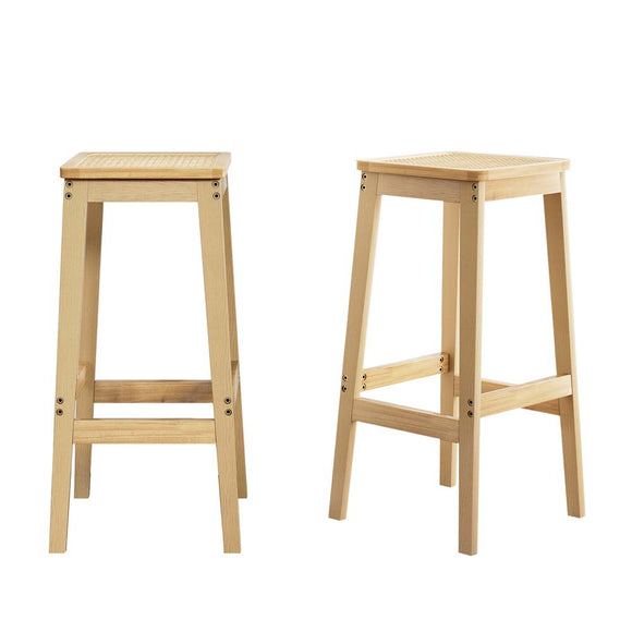 NNEDSZ 2x Bar Stools Rubber Wood Stool Counter Chair Rattan Barstools Kitchen