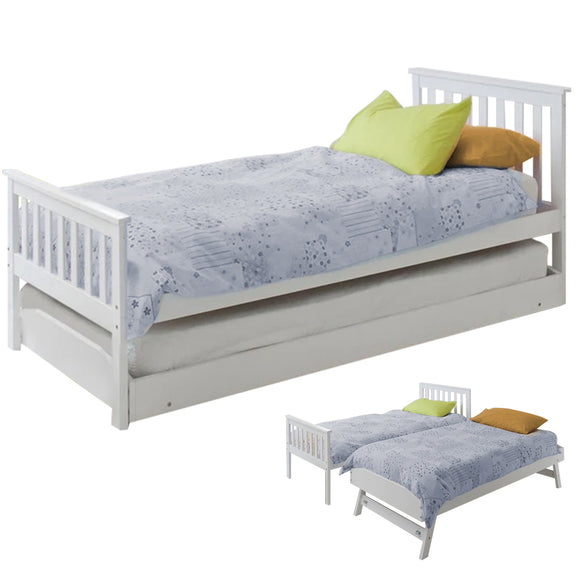 NNEMB Wooden Single Bed Frame w/ Pop Up Trundle, for Kids Bedroom, White