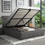 NNEED Double Bed Frame Gas Lift Storage Base Fabric Grey
