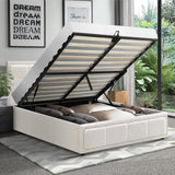 NNEED Bed Frame King Single Gas Lift Storage Base Boucle White