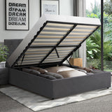 NNEED Bed Frame Double Size Gas Lift Base Storage Fabric Grey