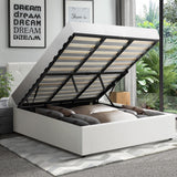 NNEED Bed Frame King Size Gas Lift Base Storage Leather White