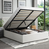 NNEED Bed Frame Queen Size Gas Lift Base Storage Leather White