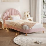 NNEED Single Bed Frame Scallop-Shape Bedhead Pink Velvet
