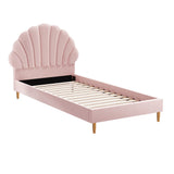 NNEED Single Bed Frame Scallop-Shape Bedhead Pink Velvet