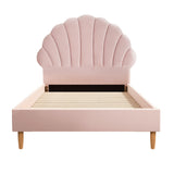 NNEED Single Bed Frame Scallop-Shape Bedhead Pink Velvet