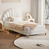 NNEED Single Bed Frame Scallop-Shape Bedhead White Boucle