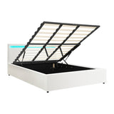 NNEED Bed Frame RGB LED King Size Gas Lift Storage Base White