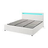 NNEED Bed Frame RGB LED King Size Gas Lift Storage Base White