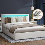 NNEED Bed Frame RGB LED Queen Size Gas Lift Storage Base White