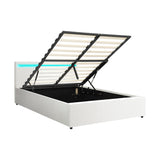 NNEED Bed Frame RGB LED Queen Size Gas Lift Storage Base White