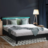 NNEED Bed Frame RGB LED Double Size Wood Slats PU Leather