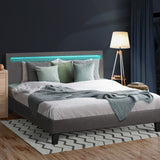 NNEED Bed Frame RGB LED Queen Size Wooden Grey Fabric
