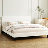 NNEED Double Bed Frame Wooden Slats Boucle Fabric White