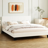 NNEED Queen Bed Frame Wooden Slats Boucle Fabric White