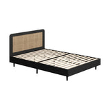 NNEED Bed Frame Double Size Real Rattan Headboard Black