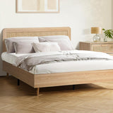 NNEED Wooden Bed Frame Double Size Rattan Headboard